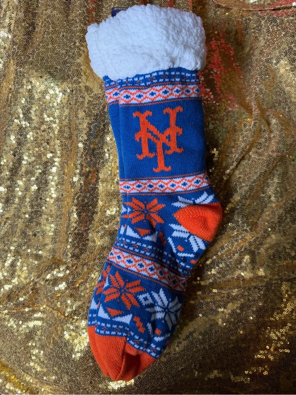 Blue & Orange Fleece-Lined Holiday Crew Socks